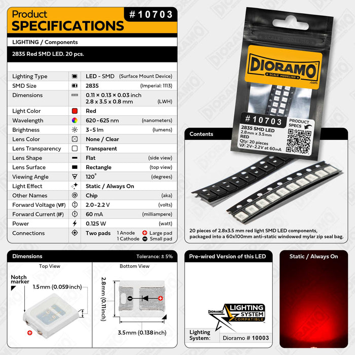 2835 Red SMD LED Components. 20 pcs.