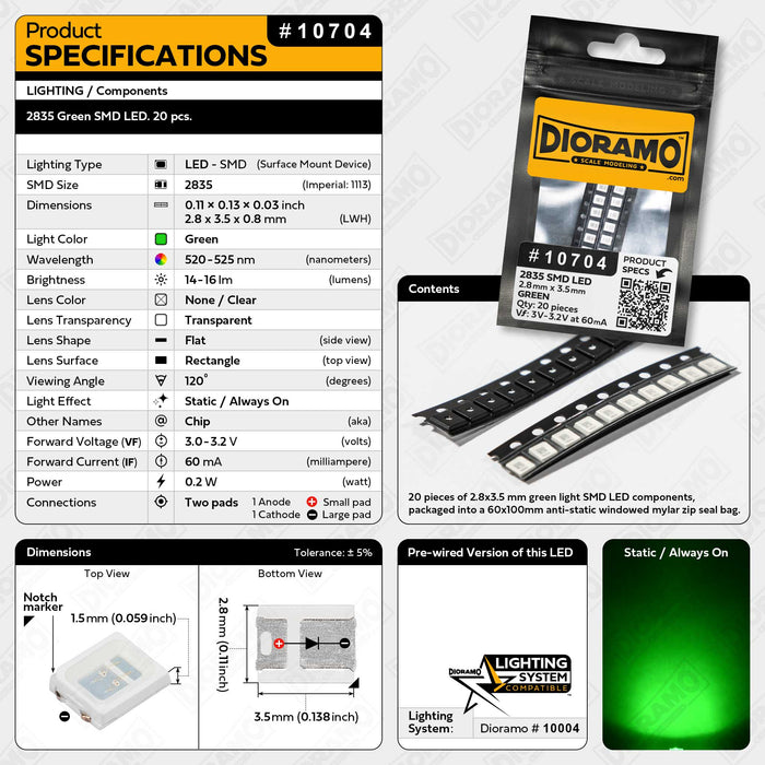 2835 Green SMD LED Components. 20 pcs.