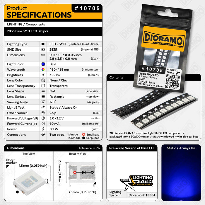 2835 Blue SMD LED Components. 20 pcs.
