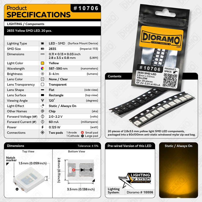 2835 Yellow SMD LED Components. 20 pcs.