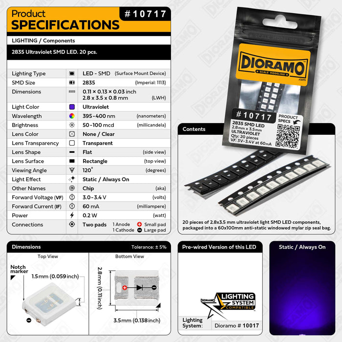2835 Ultraviolet SMD LED Components. 20 pcs.