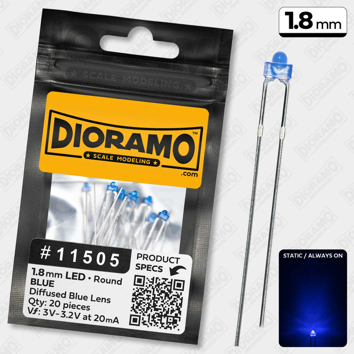 1.8mm Blue LED Components. Diffused Blue Lens. Round. 20 pcs.