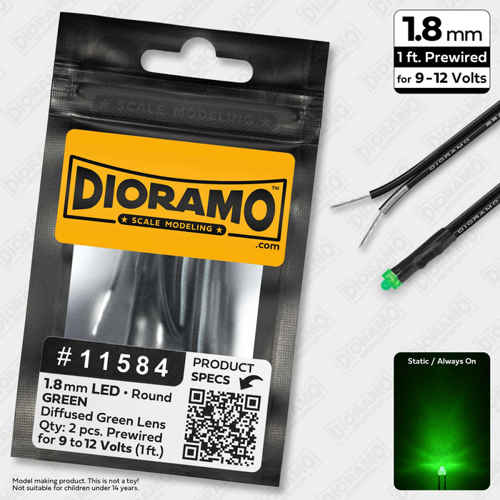 1.8mm Green LED. Diffused Green Lens. 9-12V Prewired 1ft. 2 pcs.