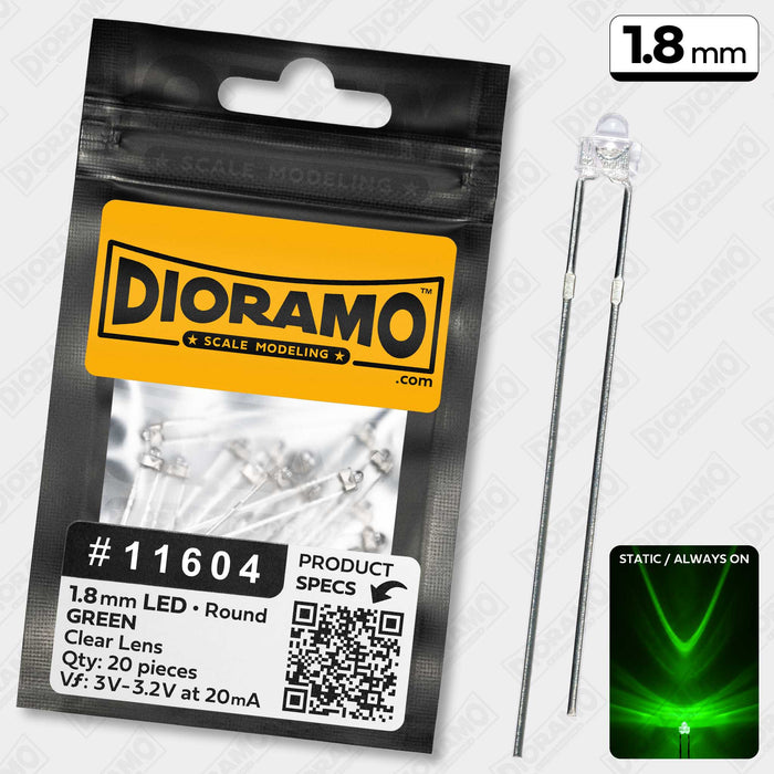 1.8mm Green LED Components. Clear Lens. Round. 20 pcs.