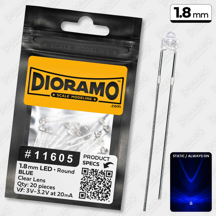 1.8mm Blue LED Components. Clear Lens. Round. 20 pcs.