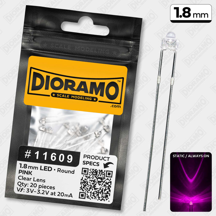 1.8mm Pink LED Components. Clear Lens. Round. 20 pcs.