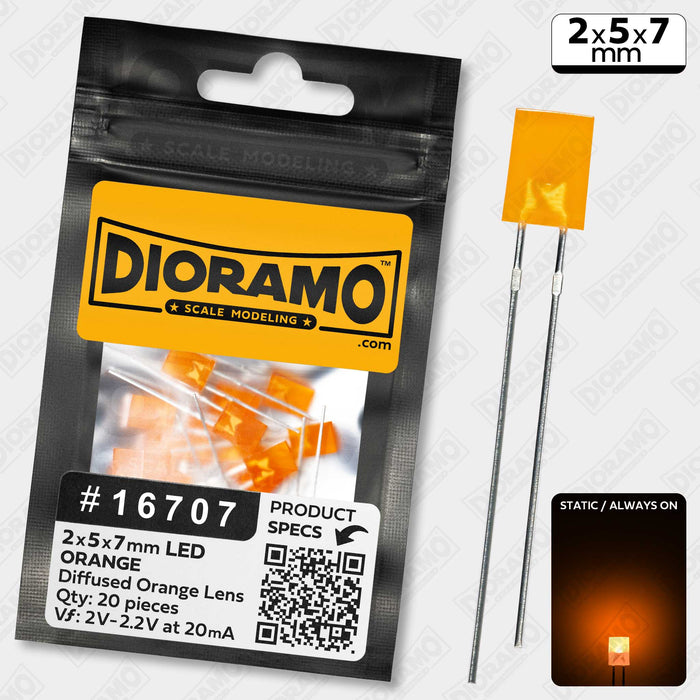 2x5x7mm Orange LED. Diffused Orange Lens. Rectangle. 20 pcs.