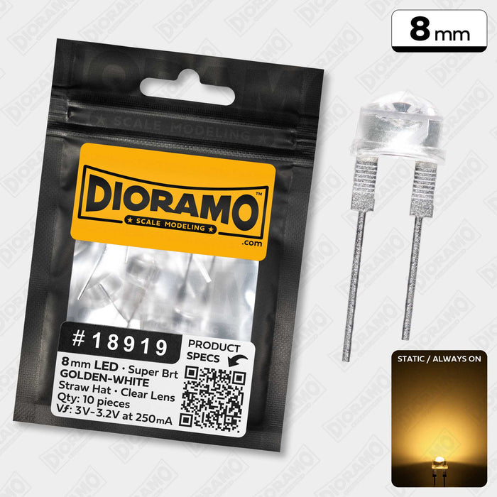 8mm Golden-White LED. Super Bright. Straw Hat. 10 pcs.