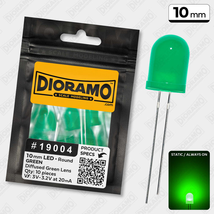 10mm Green LED. Diffused Green Lens. Round. 10 pcs.