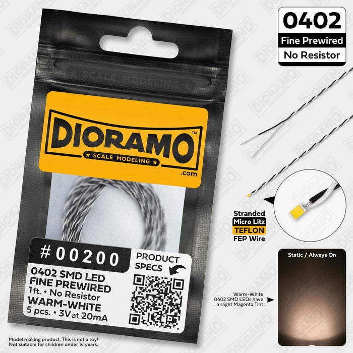 0402 Warm-White SMD LED. No Resistor Fine Prewired 1ft. 5 pcs.