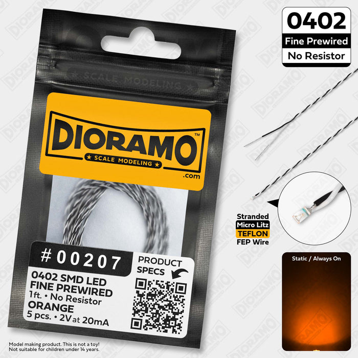 0402 Orange SMD LED. No Resistor Fine Prewired 1ft. 5 pcs.