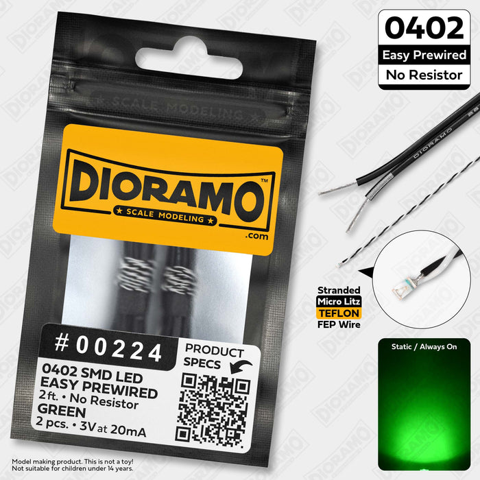 0402 Green SMD LED. No Resistor Easy Prewired 2ft. 2 pcs.