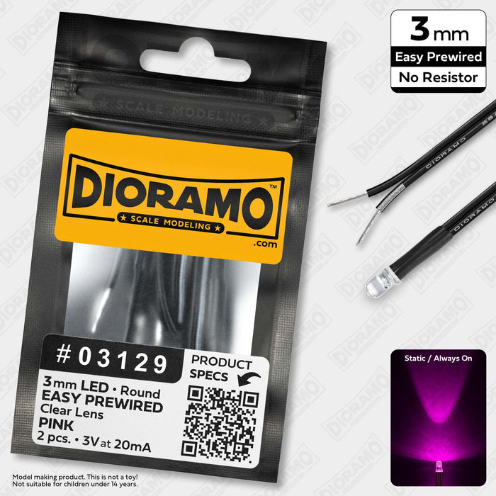 3mm Pink LED. Clear Lens. No Resistor Prewired. 2 pcs.