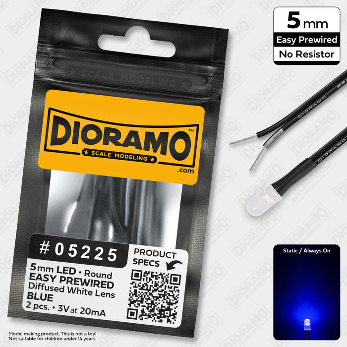 5mm Blue LED. Diffused White Lens. No Resistor Prewired. 2 pcs.