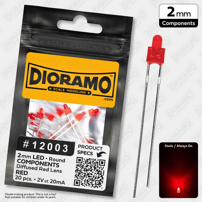 2mm Red LED Components. Diffused Red Lens. Round. 20 pcs.