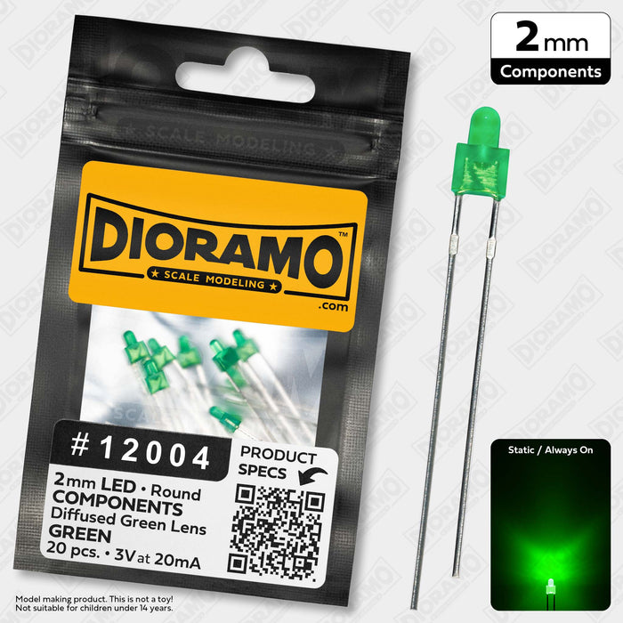 2mm Green LED Components. Diffused Green Lens. Round. 20 pcs.