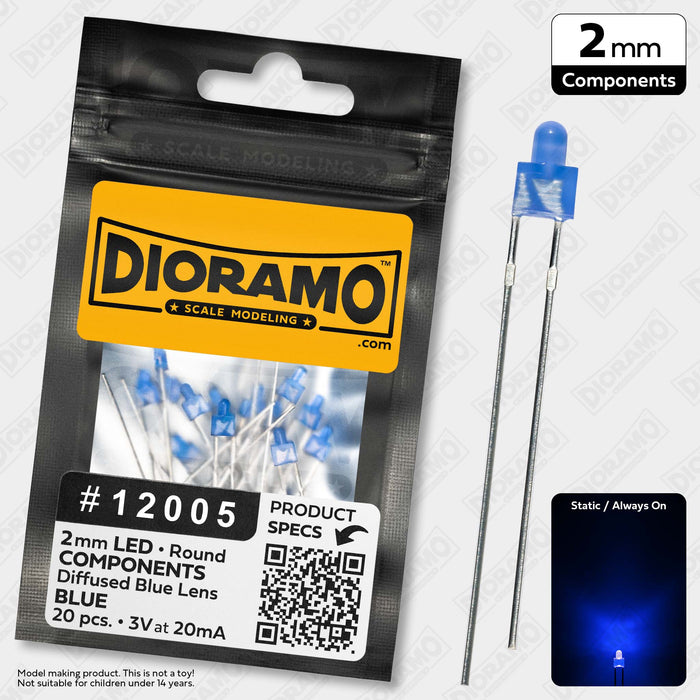 2mm Blue LED Components. Diffused Blue Lens. Round. 20 pcs.