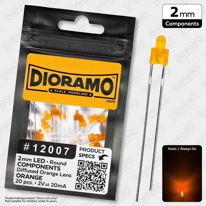 2mm Orange LED Components. Diffused Orange Lens. Round. 20 pcs.