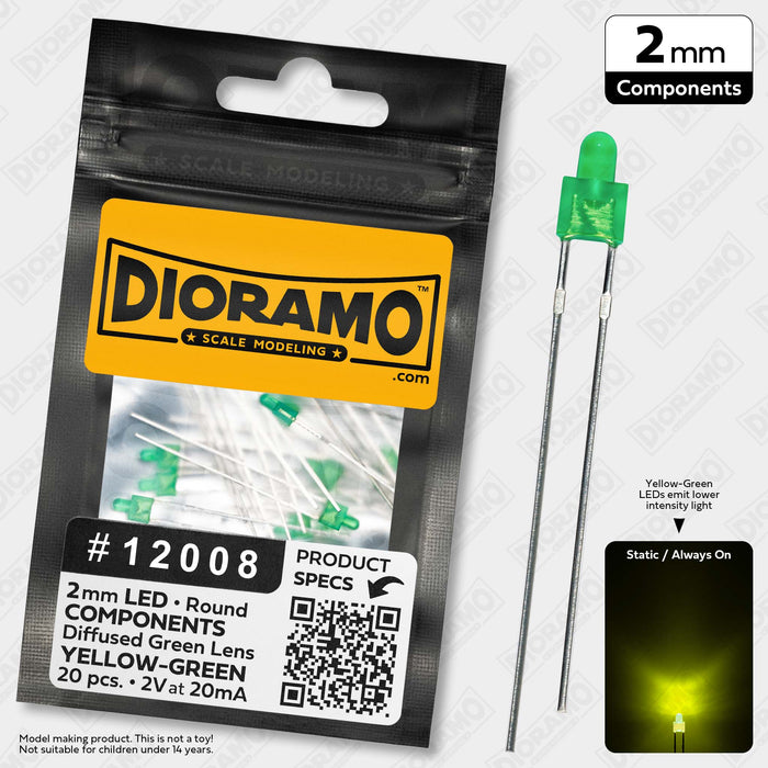 2mm Yellow-Green LED Components. Diffused Green Lens. Round. 20 pcs.