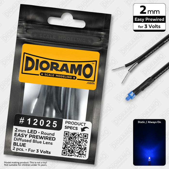 2mm Blue LED. Diffused Blue Lens. 3V Prewired 1ft. 2 pcs.
