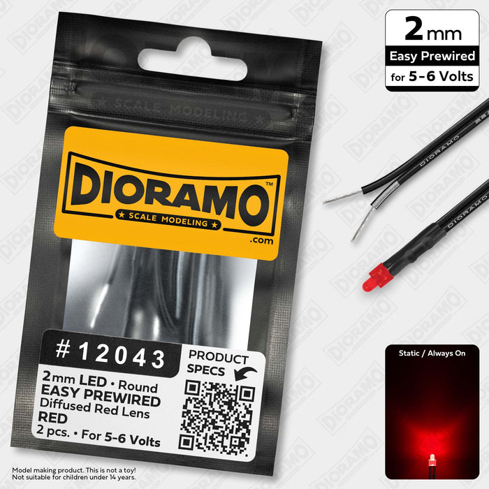2mm Red LED. Diffused Red Lens. 5-6V Prewired 1ft. 2 pcs.