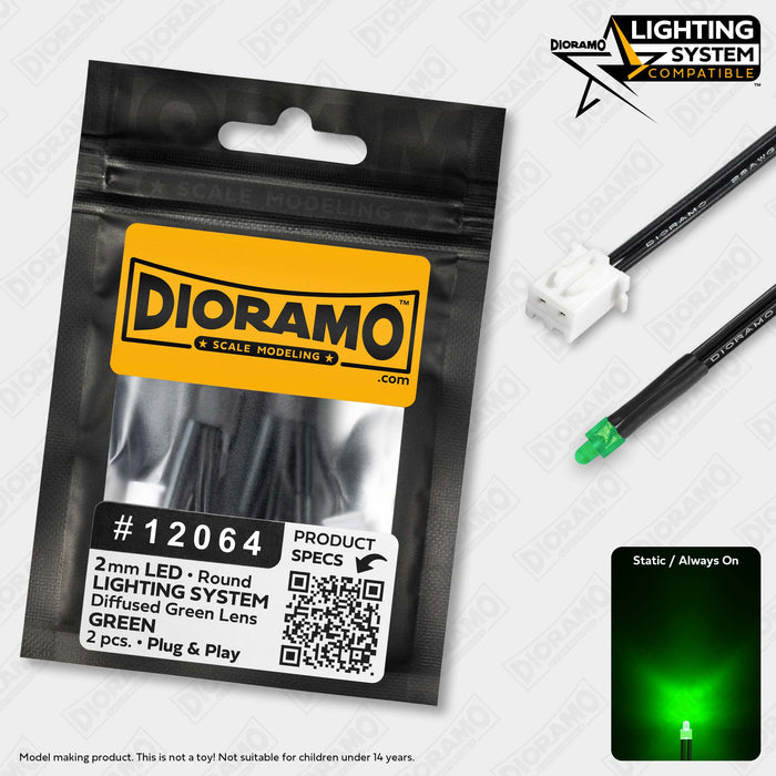 2mm Green LED. Diffused Green Lens. Lighting System Prewired. 2 pcs.