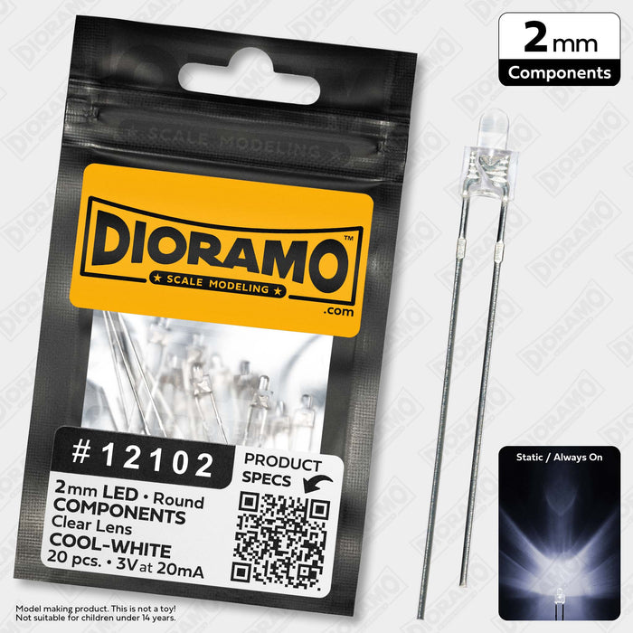2mm Cool-White LED Components. Clear Lens. Round. 20 pcs.
