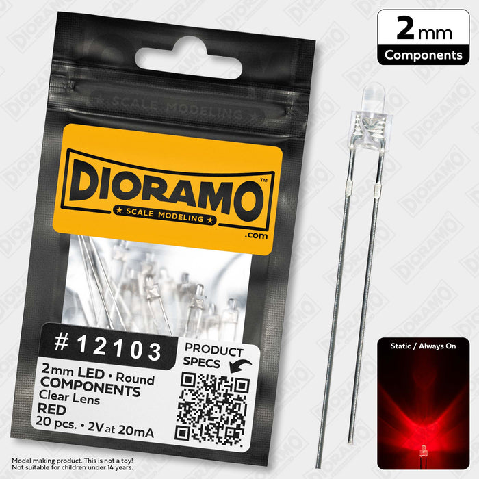 2mm Red LED Components. Clear Lens. Round. 20 pcs.