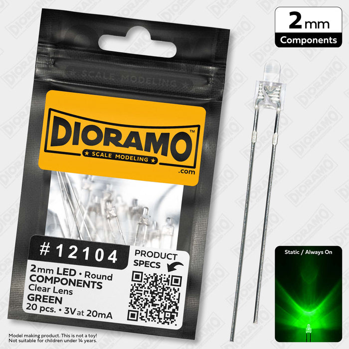 2mm Green LED Components. Clear Lens. Round. 20 pcs.