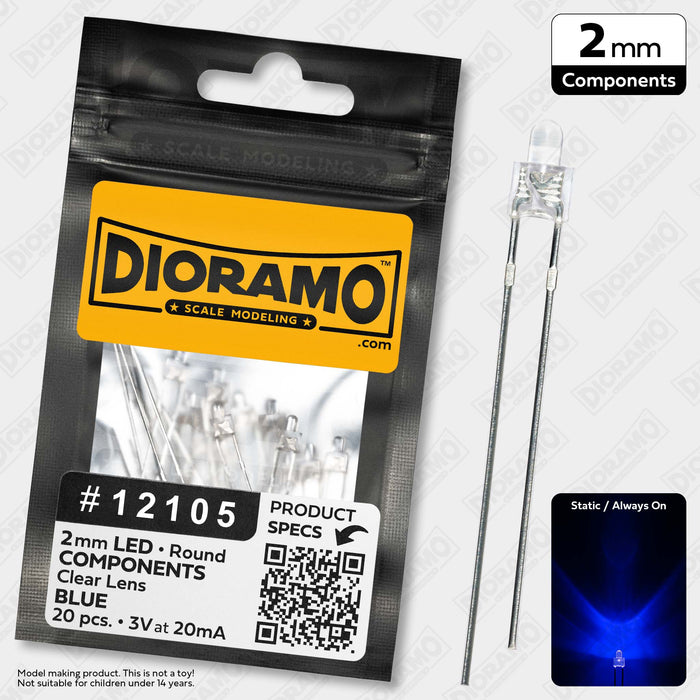 2mm Blue LED Components. Clear Lens. Round. 20 pcs.