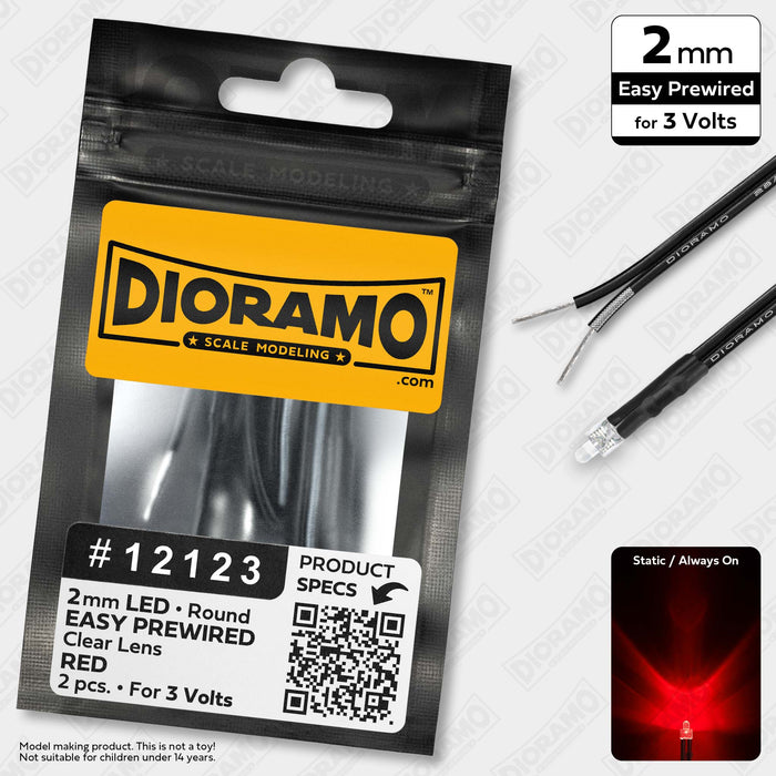 2mm Red LED. Clear Lens. 3V Prewired 1ft. 2 pcs.