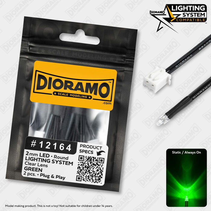 2mm Green LED. Clear Lens. Lighting System Prewired. 2 pcs.