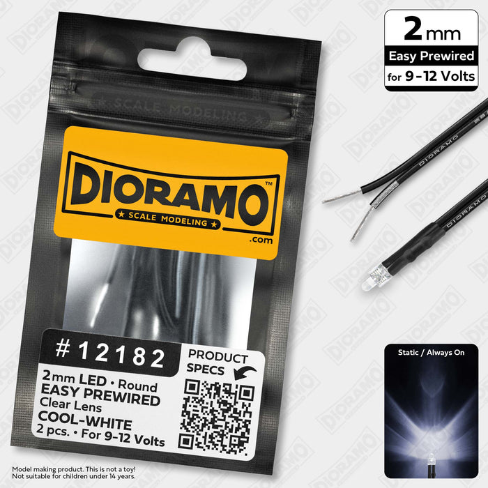 2mm Cool-White LED. Clear Lens. 9-12V Prewired 1ft. 2 pcs.