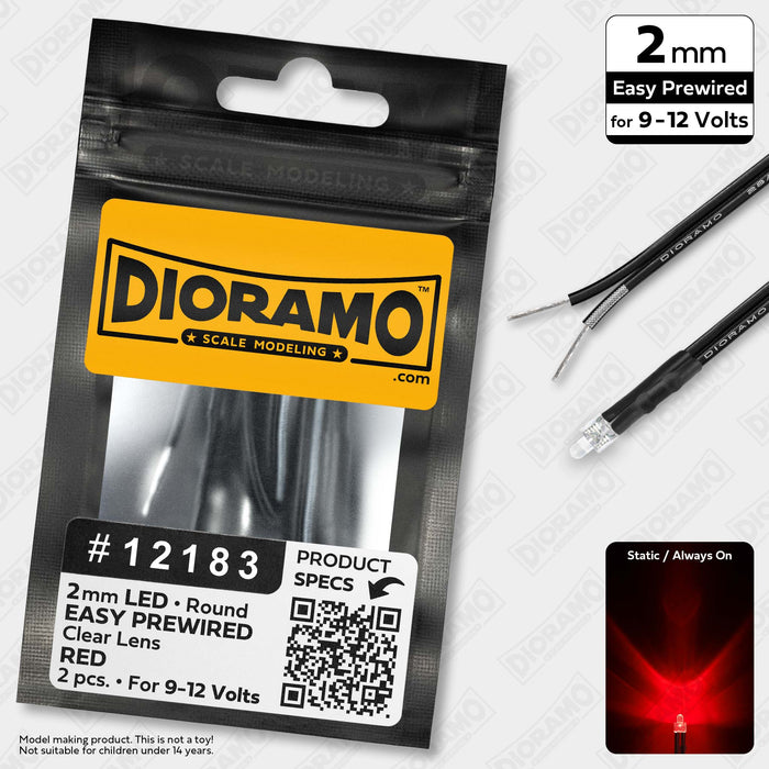 2mm Red LED. Clear Lens. 9-12V Prewired 1ft. 2 pcs.