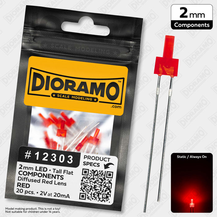 2mm Red LED Components. Tall Flat Red Lens. 20 pcs.
