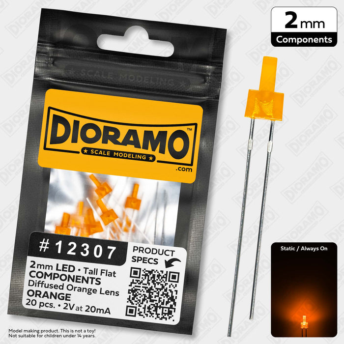 2mm Orange LED Components. Tall Flat Orange Lens. 20 pcs.