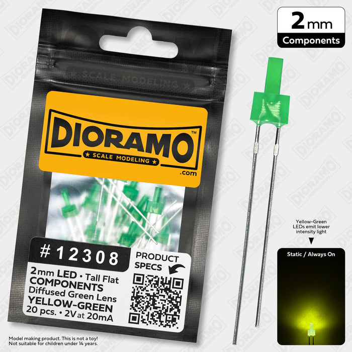 2mm Yellow-Green LED Components. Tall Flat Green Lens. 20 pcs.