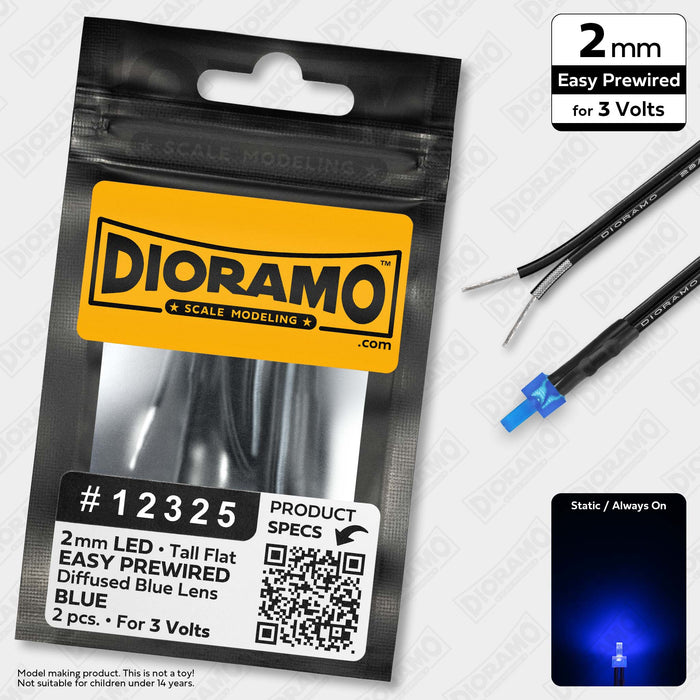 2mm Blue LED. Tall Flat Blue Lens. 3V Prewired 1ft. 2 pcs.