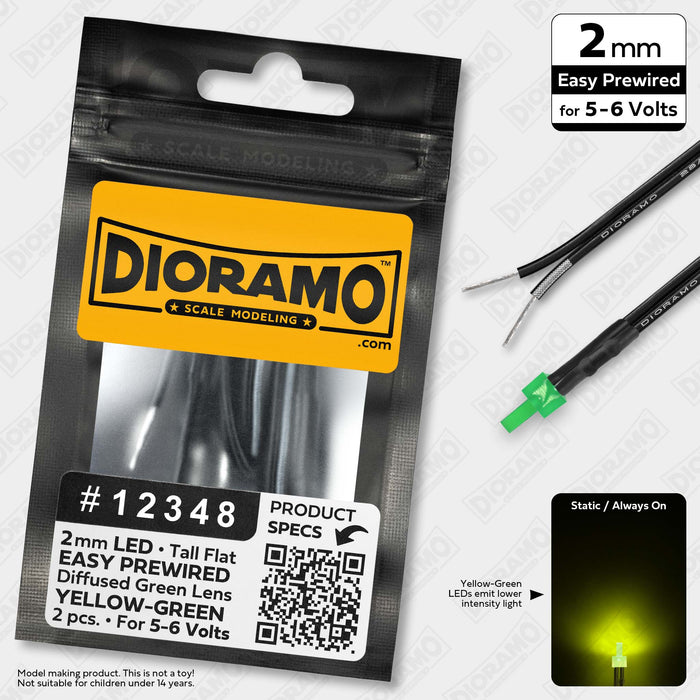 2mm Yellow-Green LED. Tall Flat Green Lens. 5-6V Prewired 1ft. 2 pcs.