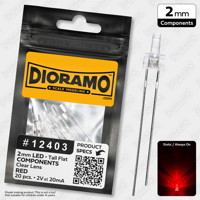 2mm Red LED Components. Tall Flat Clear Lens. 20 pcs.