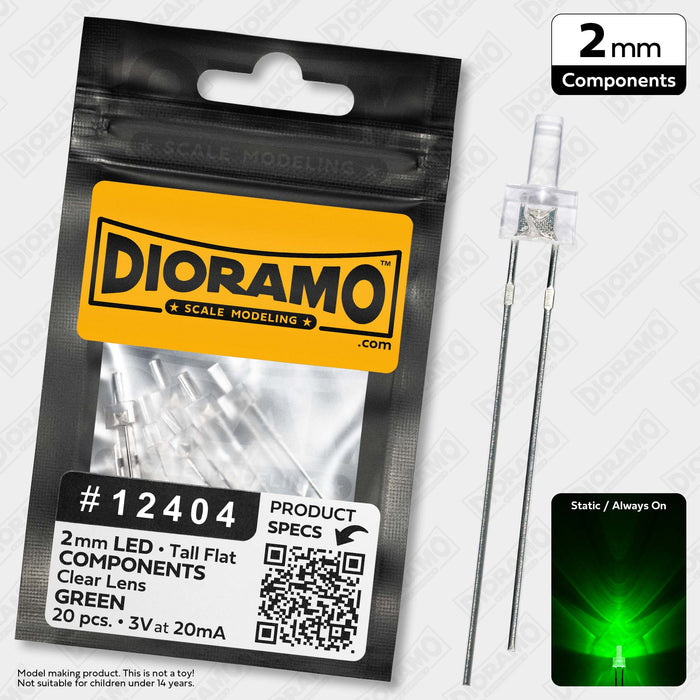 2mm Green LED Components. Tall Flat Clear Lens. 20 pcs.