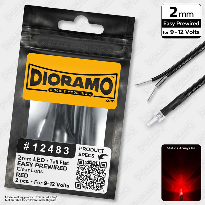 2mm Red LED. Tall Clear Lens. 9-12V Prewired 1ft. 2 pcs.