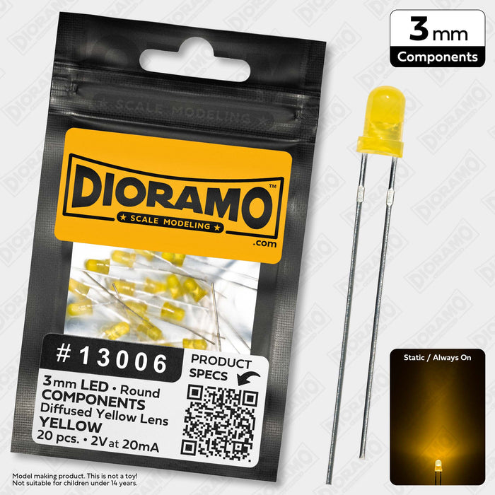 3mm Yellow LED Components. Diffused Yellow Lens. Round. 20 pcs.