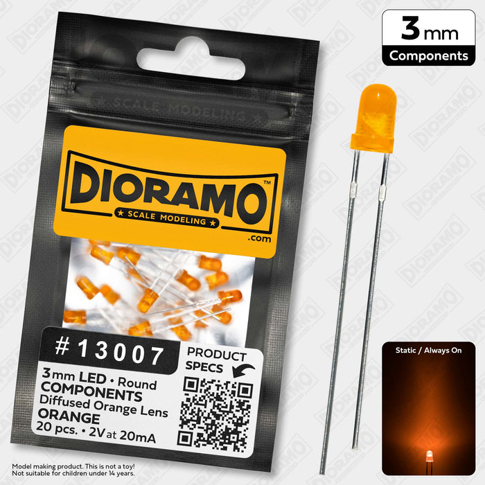 3mm Orange LED Components. Diffused Orange Lens. Round. 20 pcs.