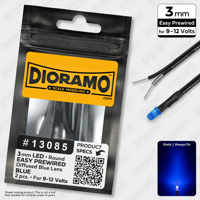 3mm Blue LED. Diffused Blue Lens. 9-12V Prewired 1ft. 2 pcs.