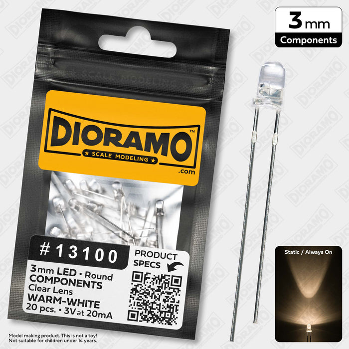 3mm Warm-White LED Components. Clear Lens. Round. 20 pcs.