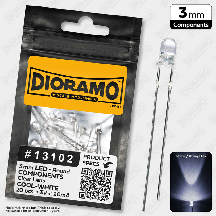 3mm Cool-White LED Components. Clear Lens. Round. 20 pcs.