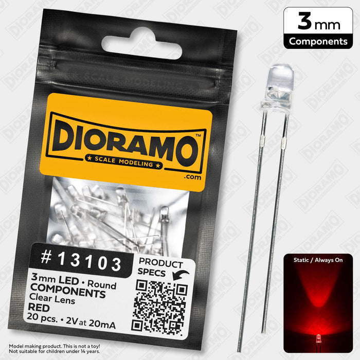 3mm Red LED Components. Clear Lens. Round. 20 pcs.
