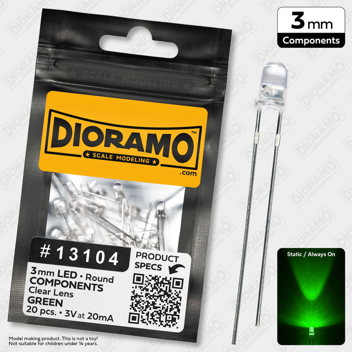 3mm Green LED Components. Clear Lens. Round. 20 pcs.