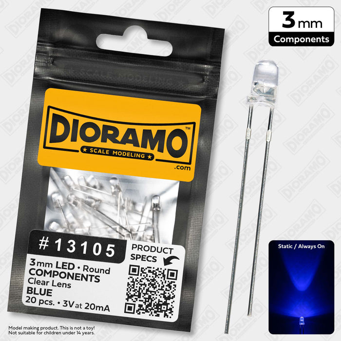 3mm Blue LED Components. Clear Lens. Round. 20 pcs.